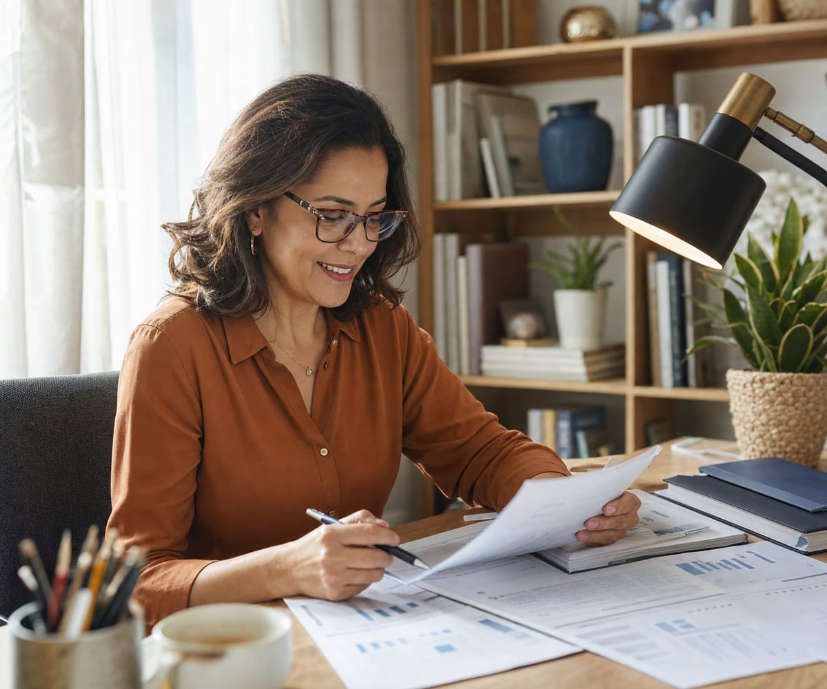 A professional woman reviewing printed financial statements at her office desk
