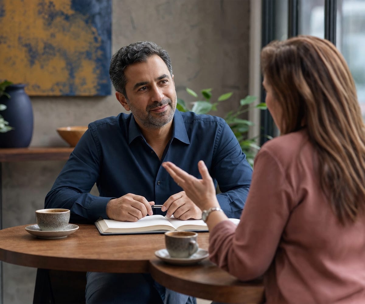 An advisor listening to a small business owner across a round meeting table