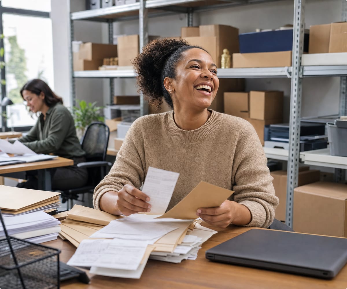 A bookkeeper sorting receipts into folders in the back office of a small shop