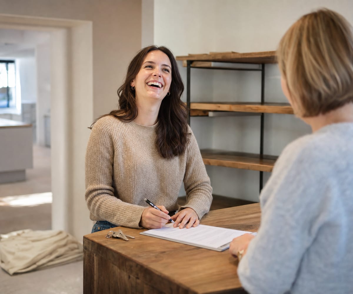 A new business owner signing paperwork at the counter of her new studio