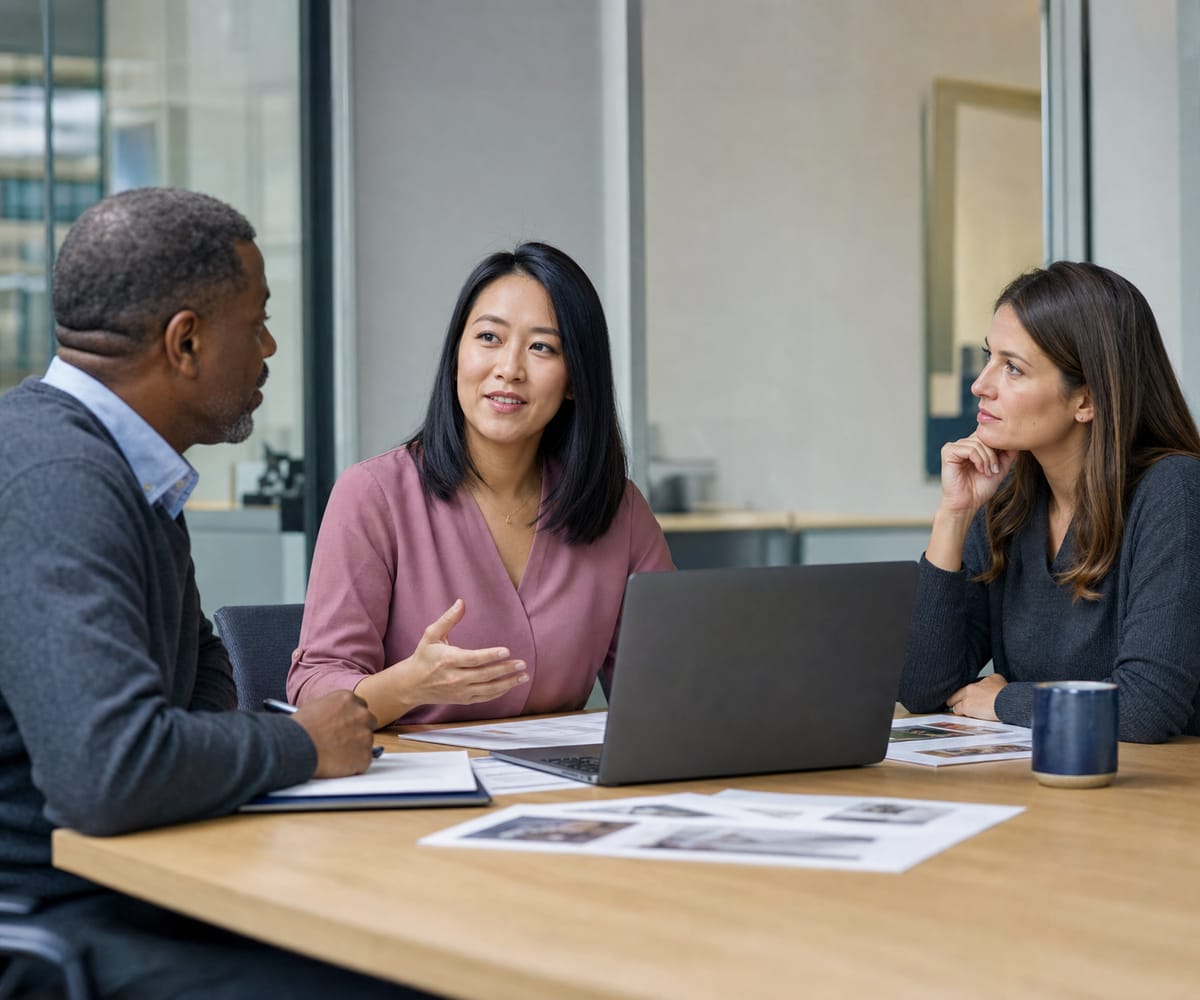 People working through a project plan around a meeting room table