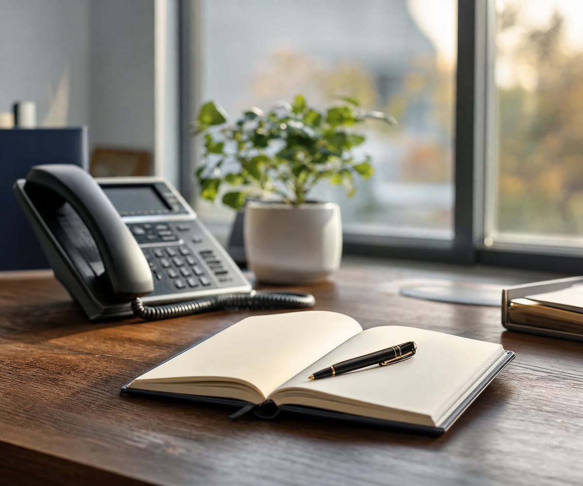 An open notebook, pen and desk phone on a calm office desk