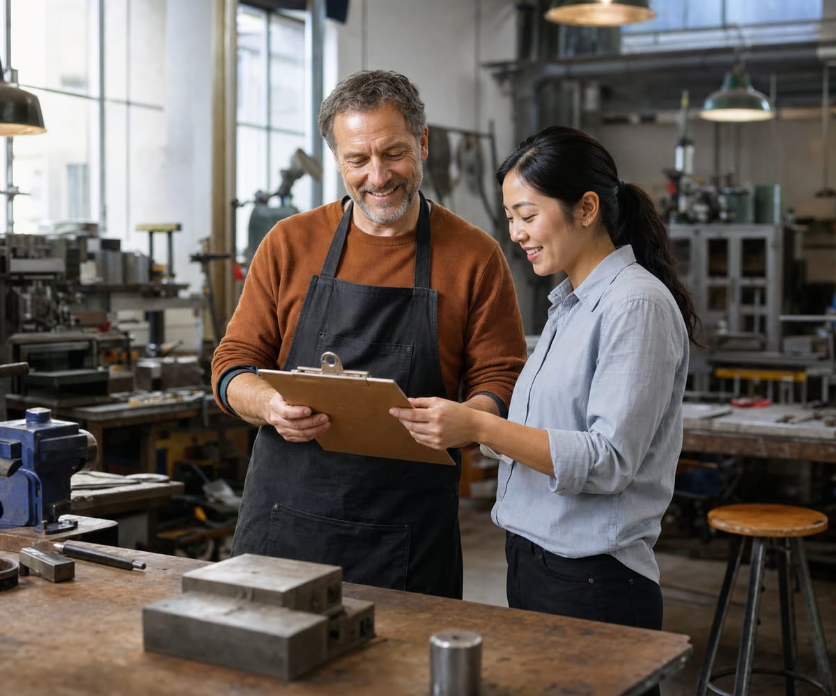 A workshop owner and a colleague reviewing a clipboard beside a workbench