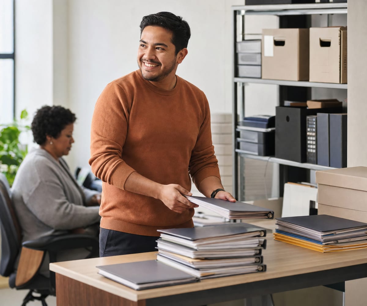A program support coordinator organizing binders in a shared office workroom