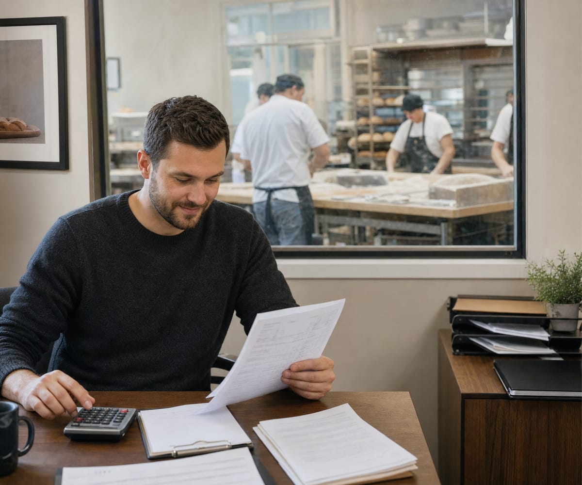 An office manager checking printed timesheets in a small business office