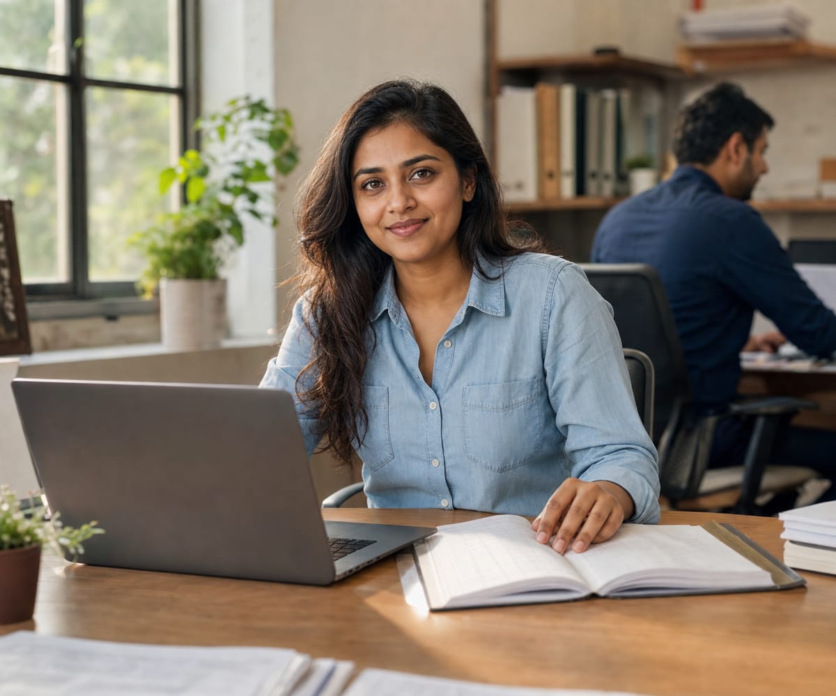 A bookkeeper cross-checking a paper ledger against her laptop
