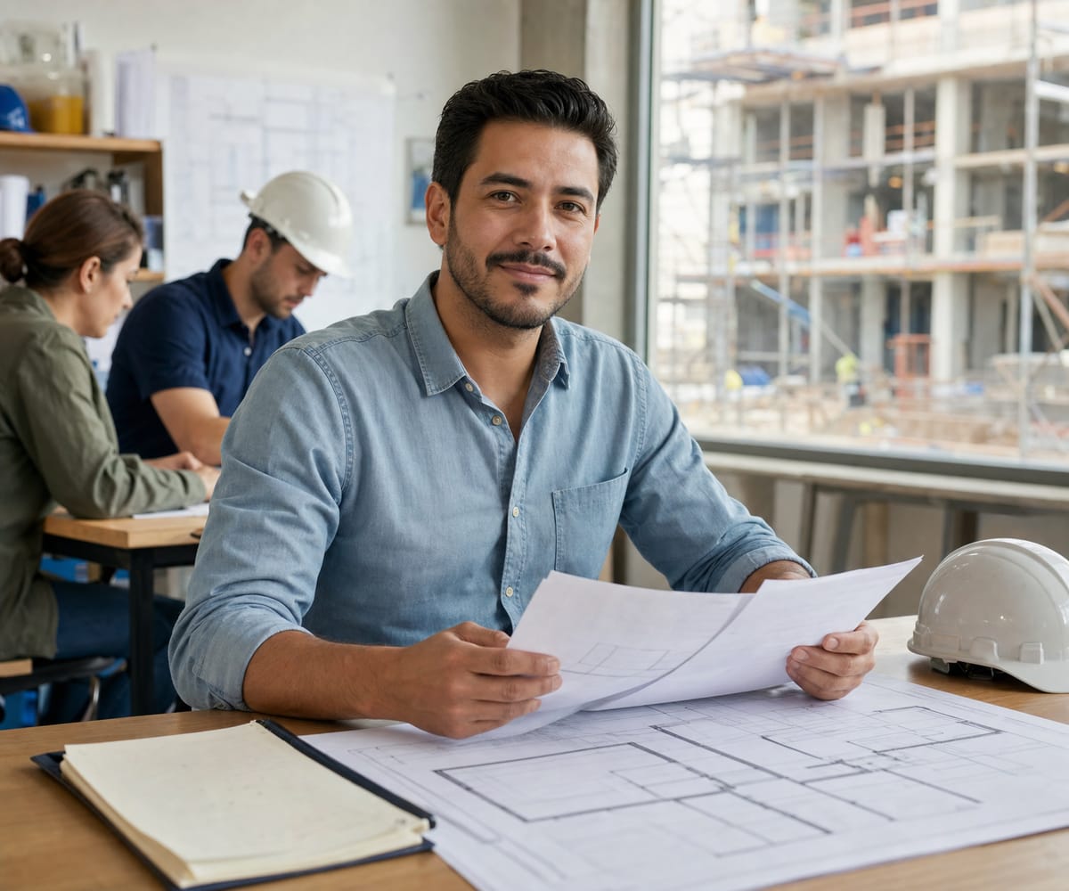 A project accountant reviewing a construction draw package in a site office