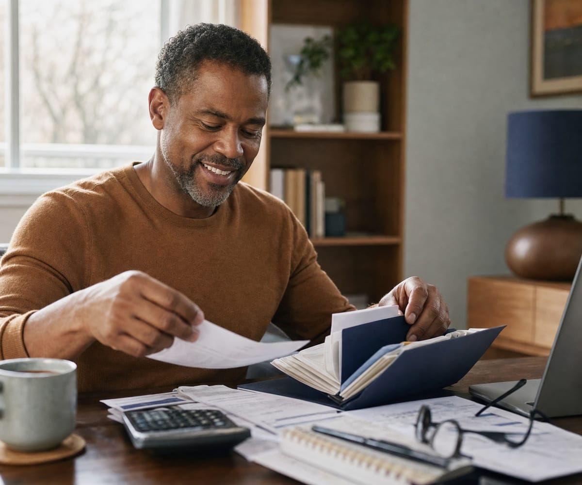 A man organizing tax documents into a folder at his home office desk